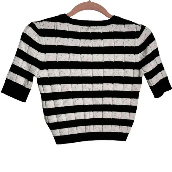 Striped pointelle summer sweater, S-M, crewneck, black white, cropped, Pretty - Picture 9 of 9
